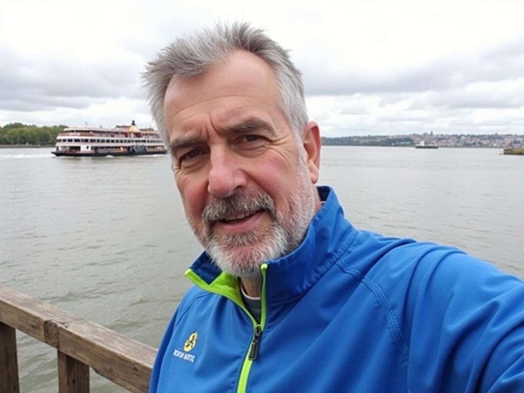 A person is standing by the riverside, captured in a selfie pose. They have a gray beard and matching hair, with wearing a sporty blue jacket adorned with neon green accents. In the background, there's a wide water body likely a river or lake, with a cloudy sky above. A ferry is visible in the distance, indicating this might be a popular waterway. The wooden railing hints that this area is a scenic spot for visitors.