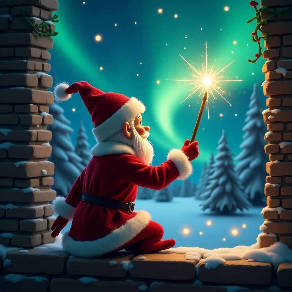 Depiction of Santa Claus in festive attire, whimsical magic in winter landscape, enchanting northern lights in the sky, magic sparkles creating joyful ambiance.