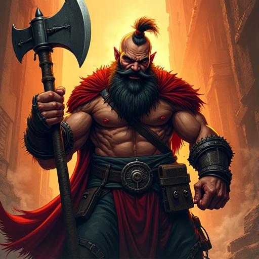 Digital comic book illustration showing a muscular dwarf with a beard. Character holds an axe. Illustration features cel-shading and dramatic lighting. A heroic superhero pose with bold outlines and cinematic composition.
