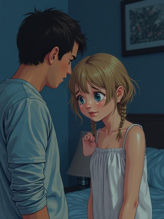 Stylized watercolor painting of a high school girl and a middle-aged man arguing in a dark bedroom. The girl has light hair and is shown crying and scared. She is wearing a light garment. The man has a serious expression. The scene conveys intense emotions.