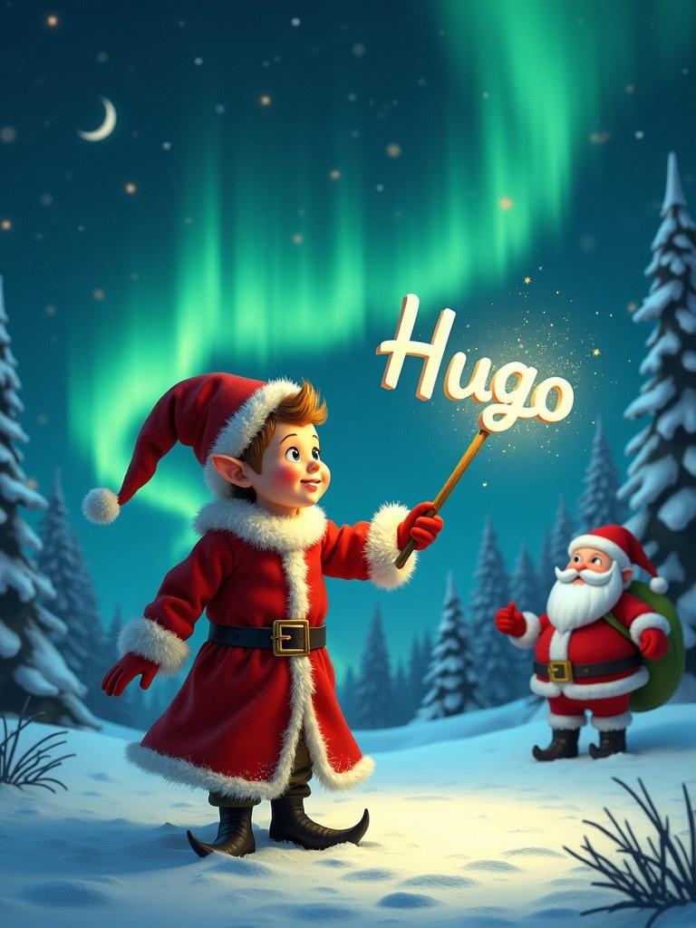 An elf wearing a red coat is casting a spell with a wand. Snow covers the ground and trees. The name 'Hugo' appears magically in the air. The night sky features northern lights creating an enchanting atmosphere. Santa Claus is present in the background.