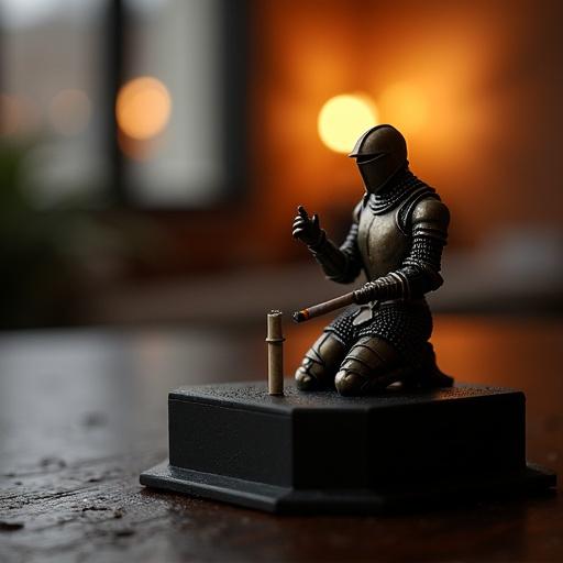 A small statue of a knight in armor. The knight is holding a cigarette. The statue is on a dark platform. The background is blurred. Warm lighting enhances the scene. The knight is kneeling or crouching.