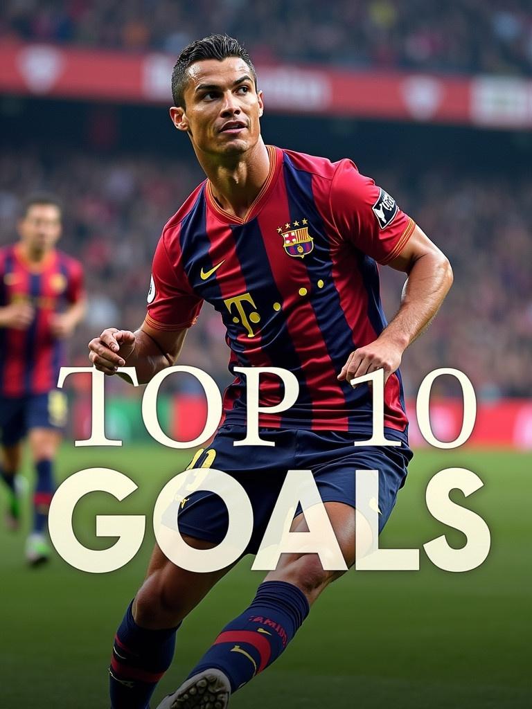 Thumbnail design featuring a dynamic football match scene. Showcasing a player in celebration pose. Highlight video title 'TOP 10 GOALS'. Use vibrant colors reflecting sports energy. Incorporate team branding.