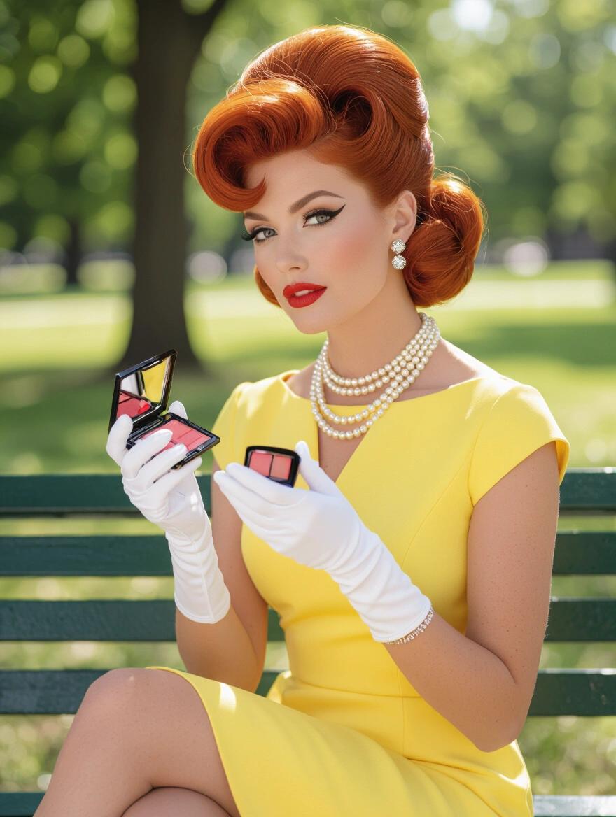 Wide angle portrait of a 1960s woman. She has voluminous red beehive hair. Pearl necklace and diamond earrings accent her look. Wearing a yellow wiggle dress. Holding a makeup compact and lipstick. Touching up her makeup while looking into the compact mirror. Sitting on a park bench with crossed legs. Flawless makeup with winged eyeliner and ruby red lips. Accessories include white gloves and high heels. Rendered in a style similar to Slim Aarons photographs.
