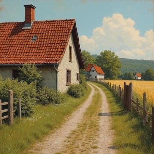 Artwork features detailed linework of a vintage German rural scene with a home, paths and fields in an oil painting style. Bold brushstrokes create a rich color palette. The style resembles masterful illustrations of rural life.