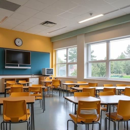 A private primary school classroom with modern facilities. The room features blue and yellow walls. Desks and chairs are arranged in a student-friendly layout. Large windows let in natural light. There are modern educational tools visible.