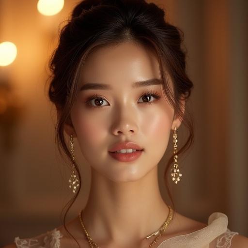 Portrait of an elegant woman with shiny brown hair. Woman has almond-shaped eyes and flawless skin. Soft lighting creates a warm ambiance. Jewelry enhances her outfit. Bokeh background adds elegance.