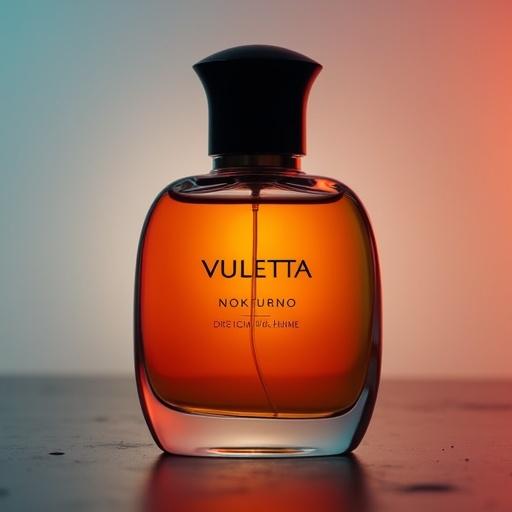 A sleek modern perfume bottle with an amber upper half that transitions to a deep orange gradient at the base. It features a simple black cap and dramatic background. The label displays 'VULETTA' in a unique font at the top. Below it is 'NOKTURNO' in the middle and 'POUR HOMME' below it. A 'PARFUM' appears near the bottom. Low-angle shot and pastel color grading with light leaks are present.