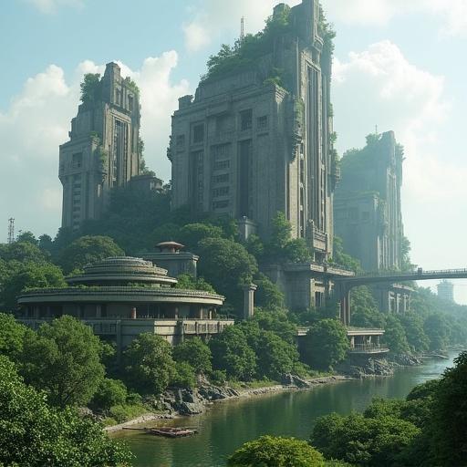 Futuristic hotel named Oblivion VII. Massive buildings with unique architectural shapes. Towers rise high surrounded by abundant greenery and a scenic river.