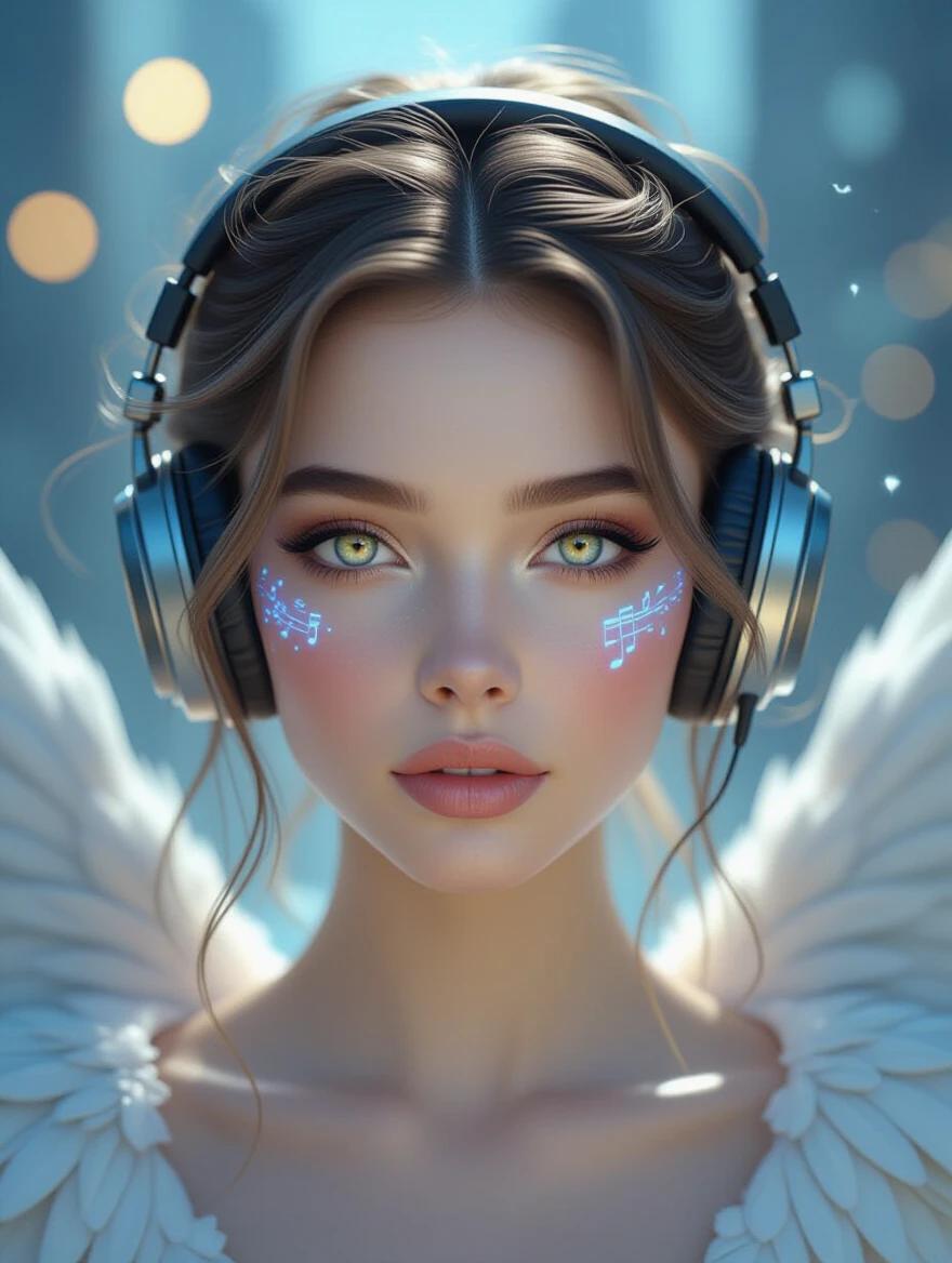 A hyper-realistic close-up celestial portrait of a beautiful young woman. She has golden eyes that capture starlight and mystery. Soft skin with delicate blue veins and bio-luminescent musical notes. Stylish ultra-realistic headphones. Silver-blonde hair around feathered wings. Background transitions from bokeh to shadowy cyberpunk landscapes. Dramatic soft lighting with golden and cool synthwave tones.