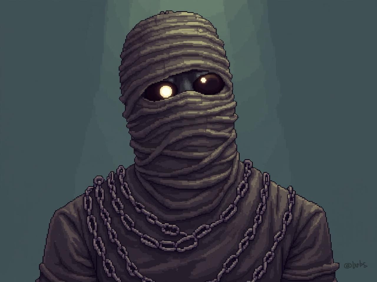 This is a pixel art portrait of a mummy constructed from chains. The figure is wrapped in layers of dark gray wrappings, creating a sense of mystery. Only the eyes are visible, glowing with an eerie light that draws attention. Chains drape around the mummy, enhancing its ominous presence. The background features a muted gradient, making the character pop visually. This artwork beautifully combines elements of fantasy and horror for a unique aesthetic.