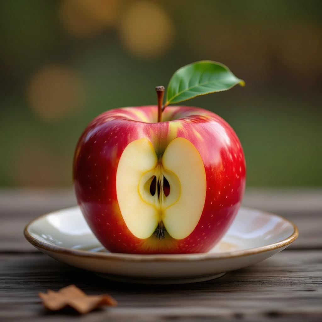 A close view of a red apple cut in half showing the seeds and flesh. The apple sits on a plate with a leaf attached on top. The background is blurred with soft colors.