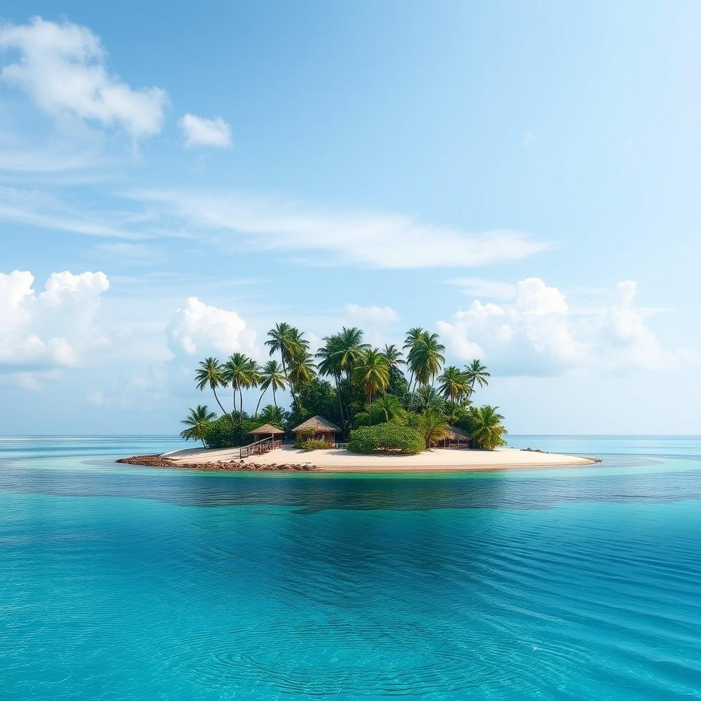 A small tropical island with palm trees and clear blue water under a bright sky.