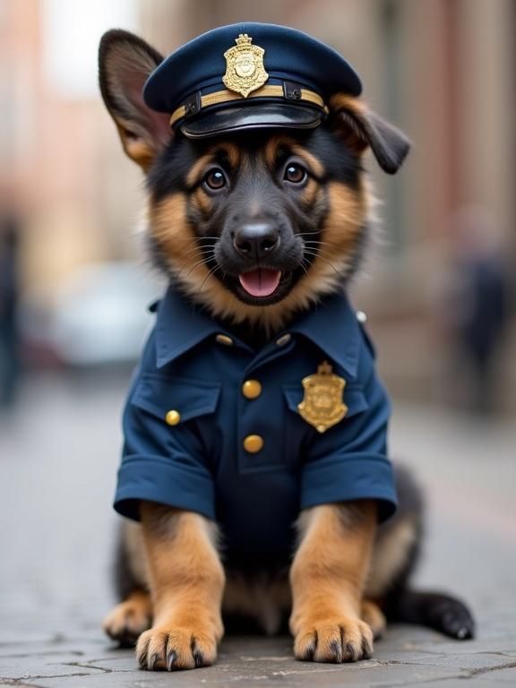 Photorealistic image of a German Shepherd puppy wearing a police uniform and cap. Puppy sitting with friendly expression. Background is softly blurred.