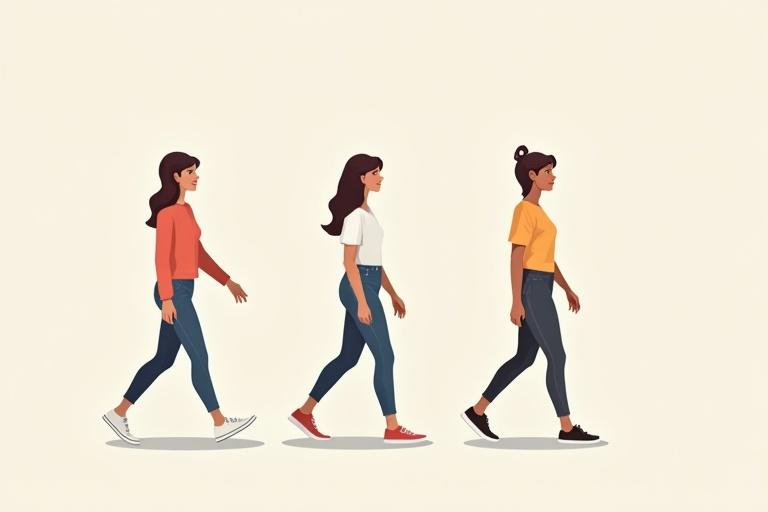 Illustrate three frames of the same woman walking in different positions. Frame one shows the left leg in front. Frame two shows the right leg in front. Maintain casual attire and a uniform color background. No ground shadow. Hyper realistic style with a white border outline around the figure.