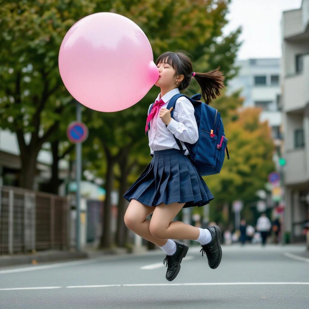 Girl jumps in the air with feet off the ground. She wears a white shirt with a red bow and a dark blue skirt. A backpack sits on her back. A large pink bubble is blown from the gum in her mouth. The background shows a city street with trees and buildings.
