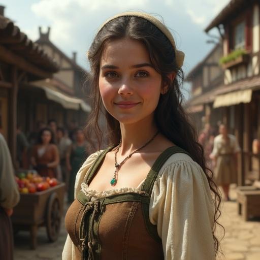 Ultra-realistic portrait of a young European woman in a medieval town marketplace. She has fair skin with a soft blush. Warm brown eyes shine with kindness. Friendly smile enhances approachability. Long dark brown hair partially covers with a linen coif. Wears a modest dress of wool and linen in earthy colors. Dress has a fitted bodice and a full skirt. Shows signs of daily wear but is well-maintained. Relaxed posture exudes warmth. Background depicts a busy medieval market scene with wooden stalls, fruits, townsfolk in simple clothes, and timber-framed houses. Soft daylight filters through a partly cloudy sky, creating a warm atmosphere. Cinematic composition with rich textures and vivid colors.