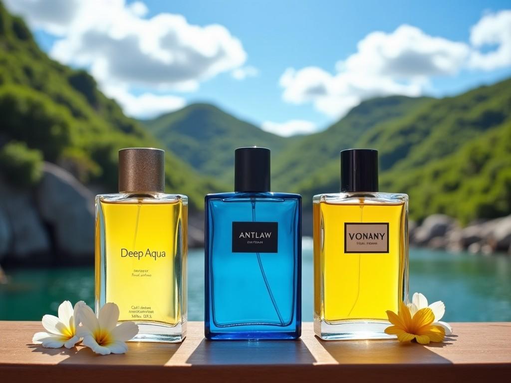 The image features three bottles of perfumes displayed in a serene outdoor setting. In the center, there is a blue bottle labeled 'Deep Aqua' for men, while to its left is a yellow bottle labeled 'AntLaw' for women, and to its right is another yellow bottle labeled 'Vonany,' also for women. The background consists of lush green hills and rocky formations, surrounded by a calm body of water. The atmosphere is peaceful, with a clear blue sky and scattered clouds creating a tranquil environment. Flowers can be seen near the base of one of the perfume bottles, adding a touch of nature to the scene.