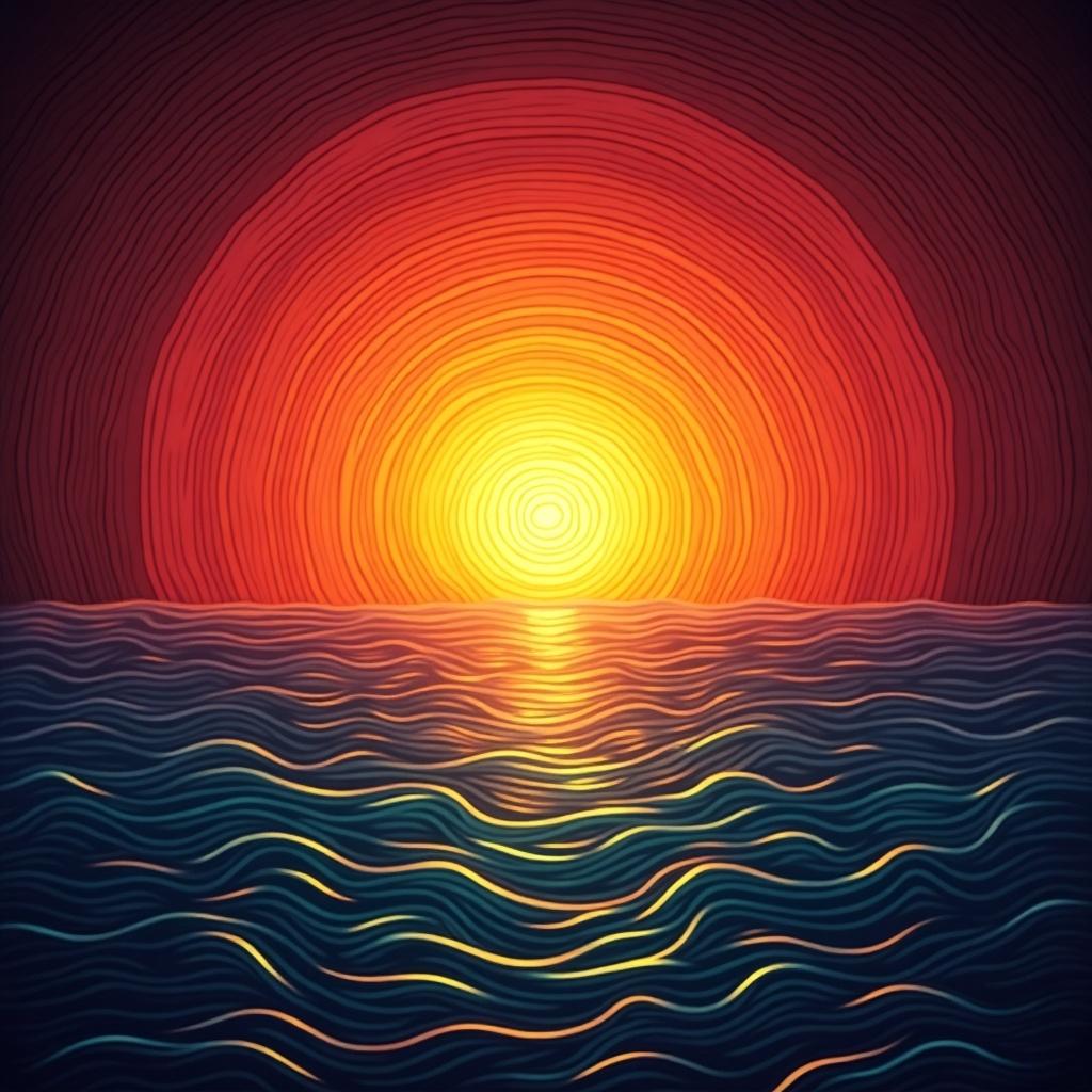 A vibrant abstract sunset landscape. The sunset has a circular gradient pattern with shades of red orange yellow and purple. The foreground displays waves of an ocean reflecting the warm colors.