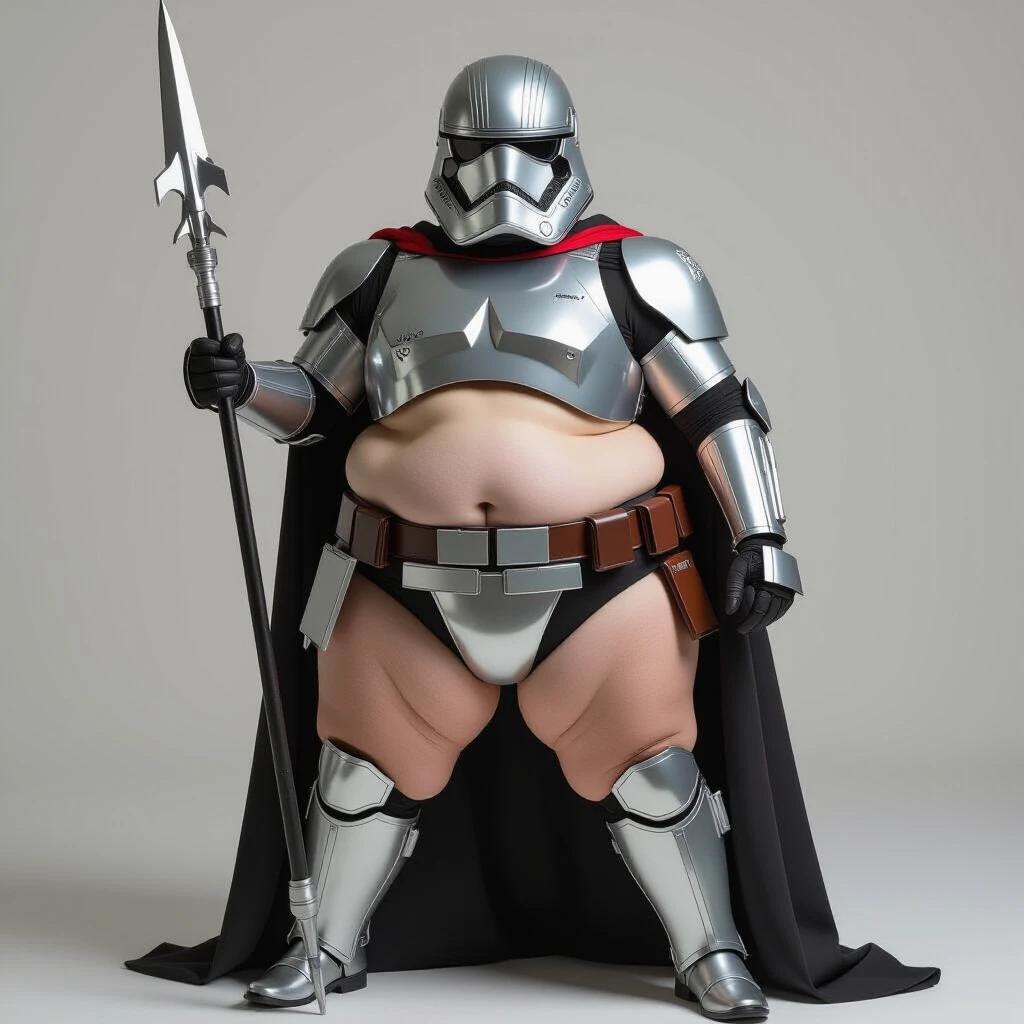 Fat Captain Phasma from Star Wars posing stoically with a metal spear. Chubby figure with skimpy armor.
