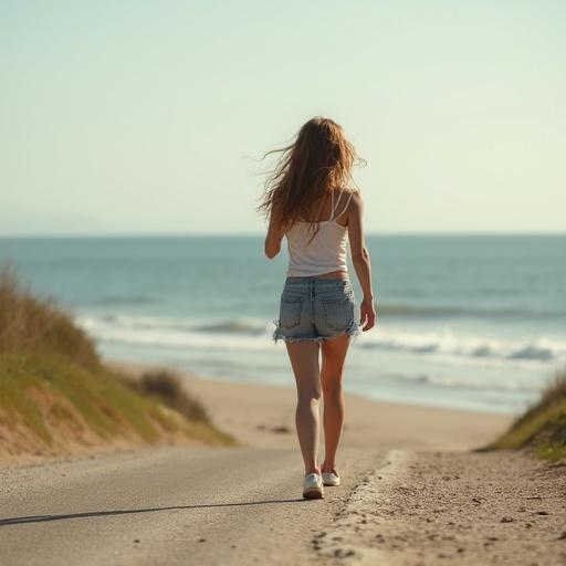 Cute girl walks down the road near a beach. She wears a white top and denim shorts. Ocean waves are visible in the background. Bright and sunny day.