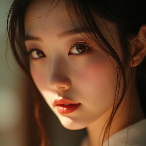 Headshot image of a beautiful young Chinese woman. Emphasis on captivating eyes. Soft lighting creates glow on skin. Focus on eyes with blurred surroundings. Warm tones capture beauty of ancient aesthetics. Details of eyelashes and light reflection in pupils enhance allure.