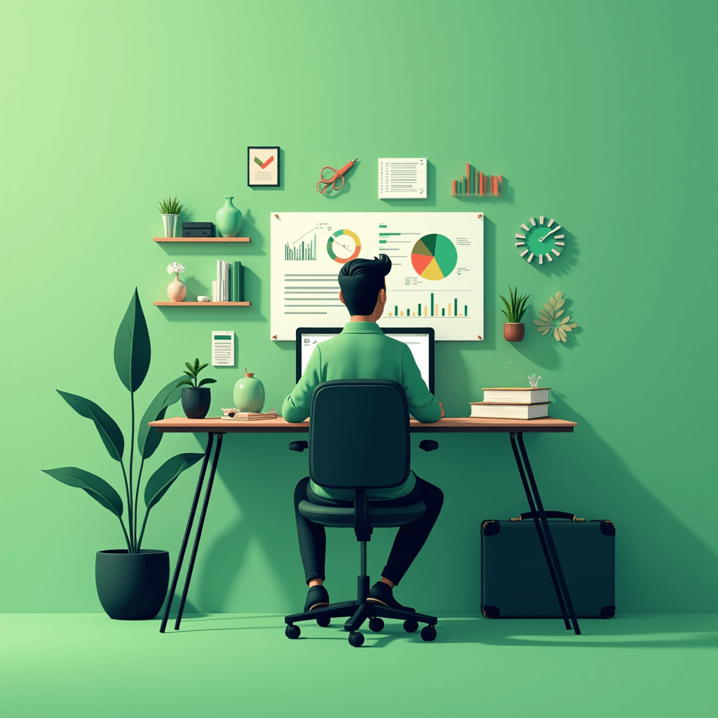 A person working at a desk in a minimalist green-themed office with charts and plants.