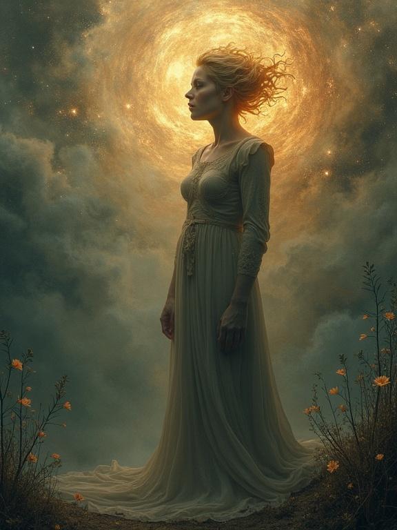 A figure of a woman in a flowing dress stands against a surreal background. Light emanates from behind her, creating an ethereal scene. The theme is of the soul leaving the human body.