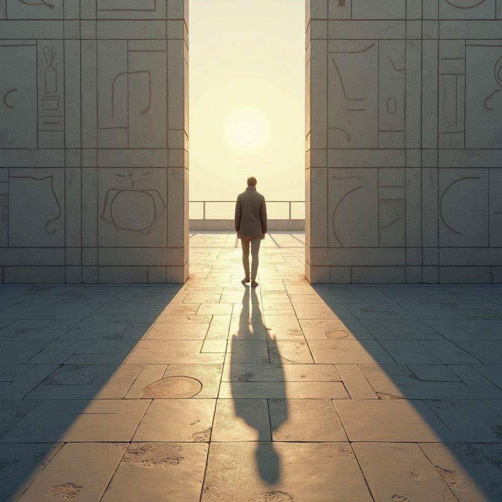 A figure walking through a monumental gateway. The sun is setting in the background, casting long shadows. The setting appears to be inspired by ancient architecture with hieroglyphs. The ground is composed of large stone slabs, reflecting the warm light of dusk.