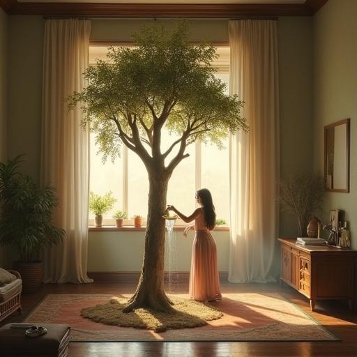 A woman is watering a levitating tree indoors. The scene captures a sense of magic realism, with a focus on the tree's ethereal qualities. The environment features a soft, glowing light that enhances the tranquil mood.