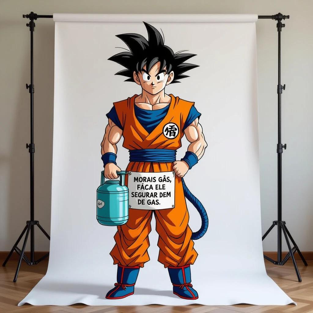 Goku character wearing an orange shirt with a text. Character is holding a gas tank. Background is simple and clean. Illustrative and colorful style.