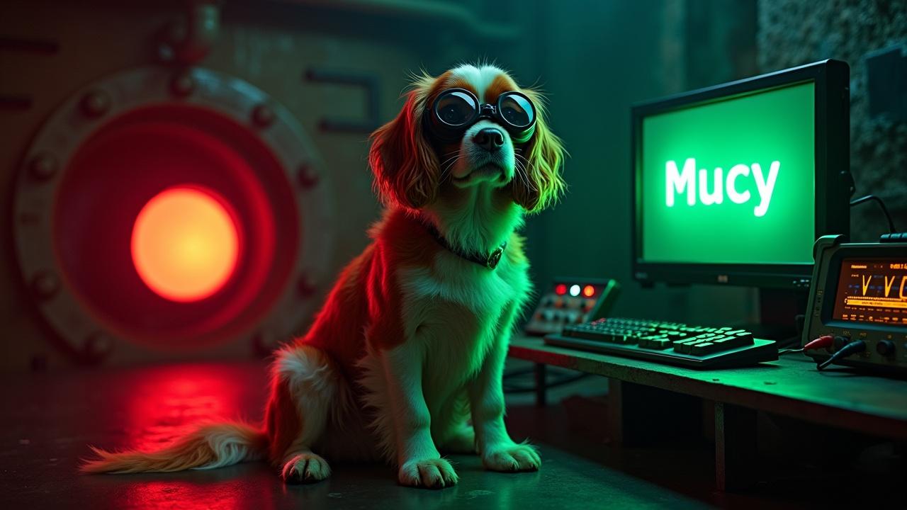 In a dark and eerie bunker, a fluffy Cavalier King Charles Spaniel is sitting next to a glowing portal to another dimension. The dog is wearing welding goggles, looking inquisitive and cute. Next to the dog, there are oscilloscopes and multimeters displaying signals. A bright red emergency alarm lights up the background, enhancing the industrial atmosphere. The scene captures a blend of technology, discovery, and pet companionship, with the computer screen showing the word 'Mucy' in glowing green letters.