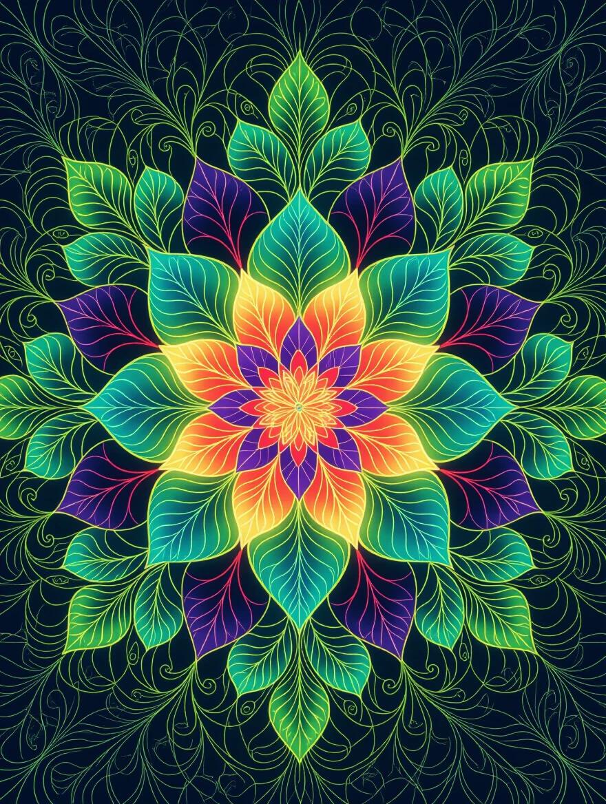 Ultra detailed fractal color design of a radiant mandala. Intricate embroidery art patterns with layered translucency. Vivid green, purple, and blue tones. Light red and yellow accents. Symmetrical leaf motifs and botanical filigree. Glowing threads and stitched textures. High quality photo look. Luminous depth. Organic ornamental symmetry.