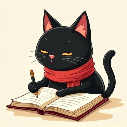 A black cat with a red scarf is writing a novel on manuscript paper in a cute illustration-like style.