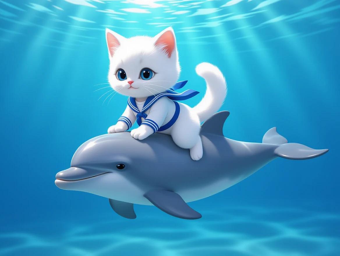 3D illustration of a white kitten in a blue sailor outfit riding a gray dolphin underwater. Background is deep blue with soft lighting. Kitten appears focused balancing on dolphin.