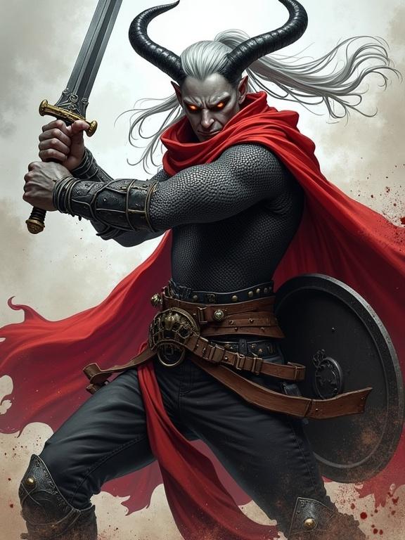 A tall male tiefling mid-swing with his black longsword. Ash-gray skin with amber glowing eyes. Long silver hair in a high ponytail. Sleek black curved horns. Wearing a chainmail shirt and red cloak. Shield on his back. Blood splashes around. Dynamic action pose. Detailed comic book style artwork.