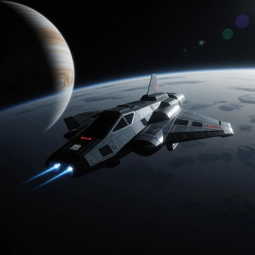 A NASA punk cinematic space ship inspired by Arthur C. Clarke. The scene shows the ship orbiting closely to Neptune with an umbilical connecting it to a larger mother ship. The lighting creates deep shadows and bright highlights capturing the void of space.
