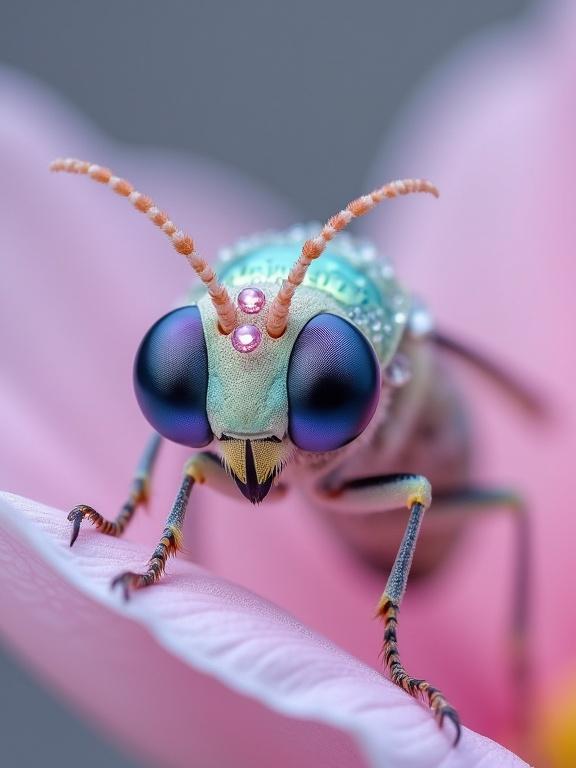 Image features a whimsical insect on a pastel petal. Macro photography style emphasizes intricate details. Soft and dreamy atmosphere creates a fantasy aesthetic.