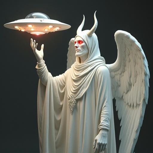 A white devil figure with wings is covered in a flowing garment. The figure has shiny red eyes. One hand is raised, holding a saucer-shaped UFO above.
