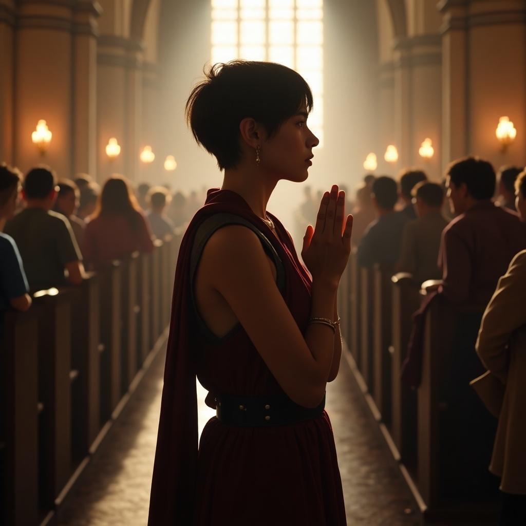 Image of a young warrior in a church setting. She has short hair. The posture reflects prayer. The atmosphere is hyper-realistic. Dramatic lighting and a crowd in the background.