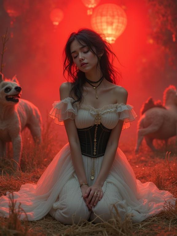 A masterpiece scene featuring a girl in a white ruffled dress kneeling with closed eyes and a smile. She wears a corset and jewelry in a glowing red background. Ethereal fantasy art includes detailed background elements like hot air balloons and mythical creatures. The scene is illuminated with dramatic lighting and volumetric light, creating a fine art feel.