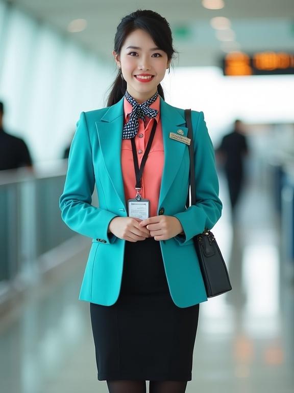 Female airport ground staff uniform concept depicted in a full-body image. Employee wears a coral pink long-sleeve blouse, turquoise blazer, and black knee-length pencil skirt. She has black pantyhose and low-heel black pumps. Features include black bunned hair, light makeup, red lips, silver name tag, and a black lanyard for ID. A dark blue gingham scarf is tied around her neck. The setting is an airport terminal with bright lighting. She stands straight with clasped hands and a friendly smile.