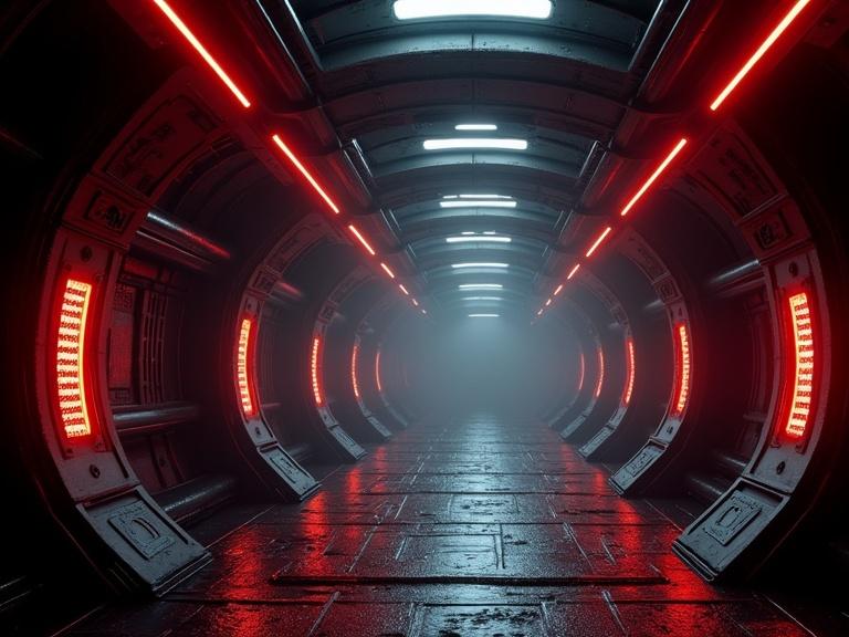 Dark atmospheric sci-fi alien interior with a bridge design. Features black metallic surfaces, flexible metal wires, reddish organic LED lights, detailed shadows, VFX effects, high dynamic range, and various textures.