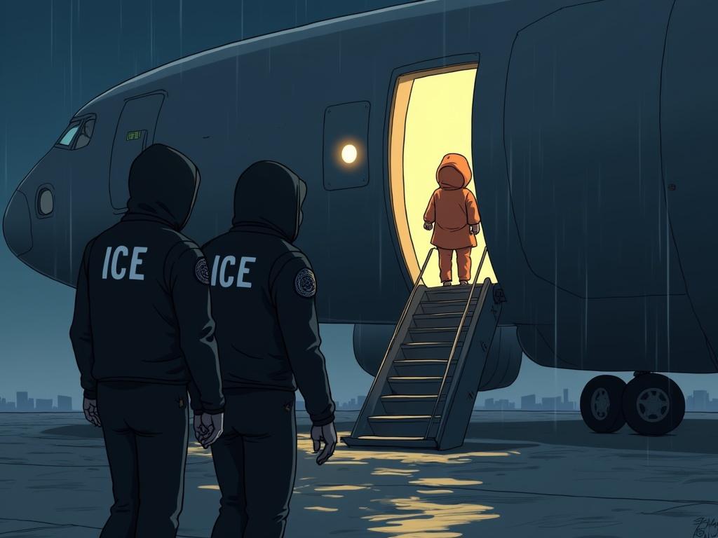 Dramatic cartoon scene. Two hooded agents in tactical gear. Baby dressed in orange, looking confused. Agents wear dark uniforms with ICE markings. Military-style jet on tarmac. Harsh floodlights illuminating the hatch. Rain on the tarmac reflects lights. Mood is tense and mysterious.