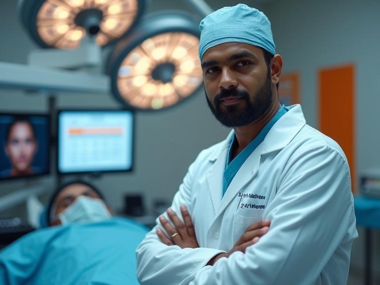 Highly detailed portrait of an Indian plastic surgeon in a white coat. Positioned on the right side. Confident expression. Background is modern operating theater. Orange and blue lighting hues. Blurred details of medical equipment and patient. Text banner at the bottom. Soft lighting evoking calmness.