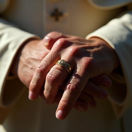 Close-up shot of aged hands with a Cardinal golden ring. Emphasis on the texture of the skin. Morning light creates soft shadows across the hands. Portrait photography focusing on character. No face is visible.