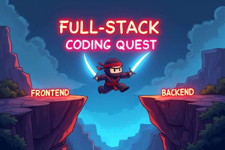 Create a cartoon-style YouTube thumbnail featuring a ninja coder jumping between cliffs labeled Frontend and Backend. The ninja wields glowing swords. A Full-Stack bridge forms in the background. Include glowing neon text Full-Stack Coding Quest!