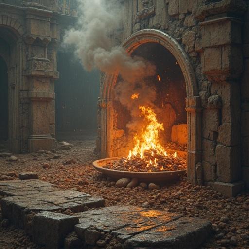 A fantasy scene featuring a central fire in a stone-set environment. Ancient ruins surround the fire with smoke rising. Dim ambiance points to a mystical atmosphere.
