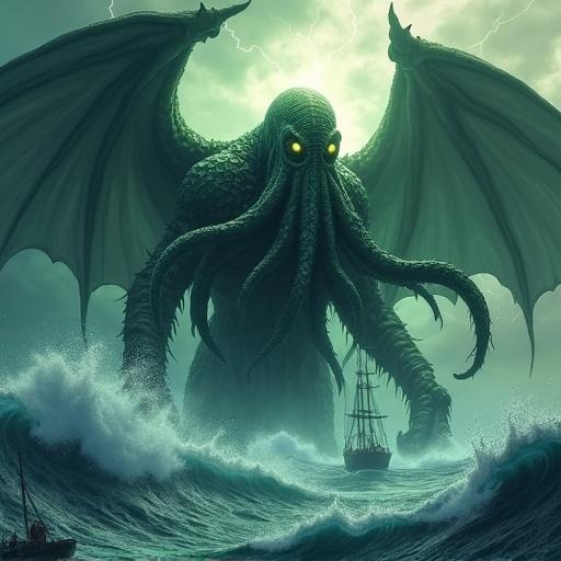 Monstrous figure of Cthulhu rising from deep ocean. Ancient horror emerging through crashing waves and mist. Cthulhu's body is immense cover in dark scale-like skin. Octopus-like head with writhing tentacles. Glowing green eyes pierce through darkness. Bat-like wings unfurl casting shadows. Churning sky with unnatural clouds and lightning. Ships tossed in stormy sea. Reality distorting presence. High-detail cosmic horror illustration with dark tones and wet textures. Evoking fear and awe.