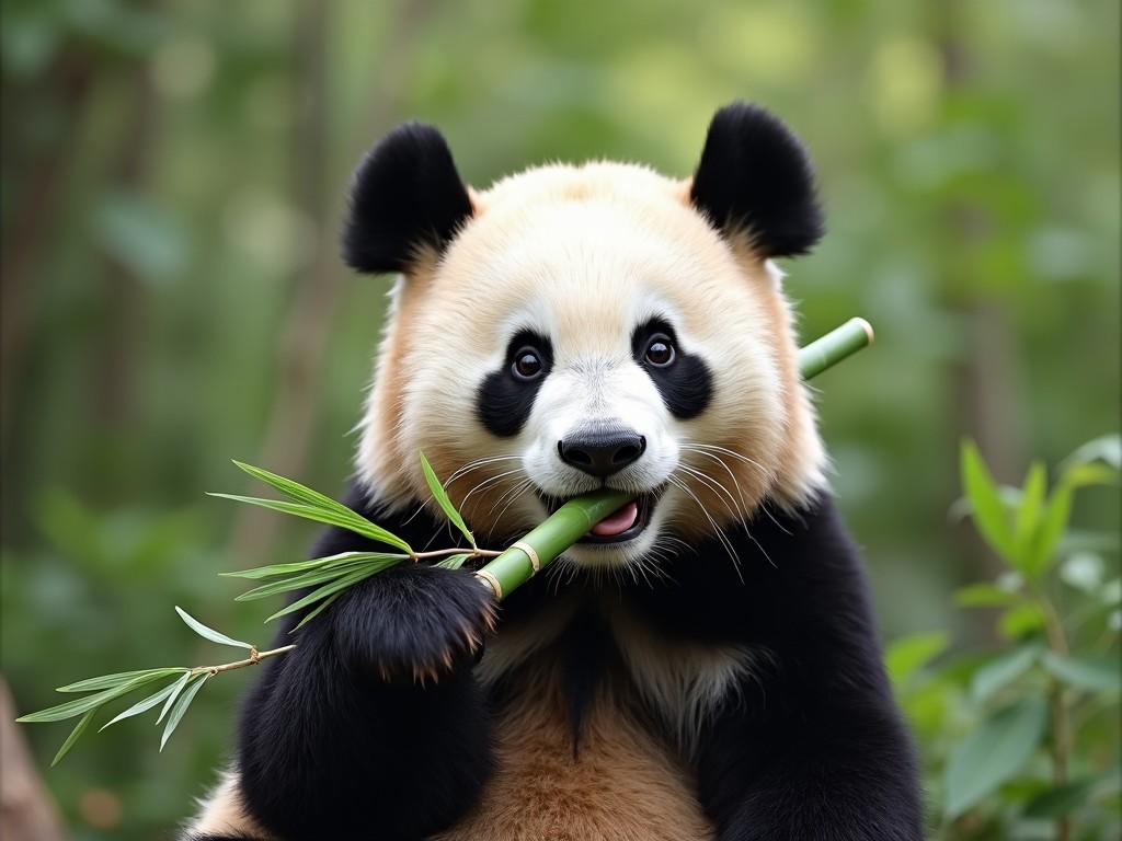 A cute panda holding bamboo in a natural setting